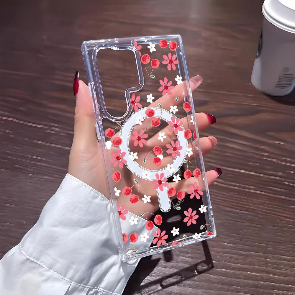 Popular Cherry Little Safflower Mobile Phone Case Samsung S25/S26ULTRA Transparent Anti-drop Belt Magnetic Protective Case