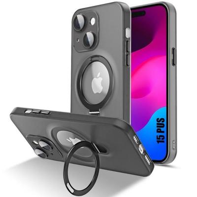 Case for iPhone 15 Plus, Shockproof Hard with Adjustable Magnetic Ring Stand and Camera Protection - Translucent Black