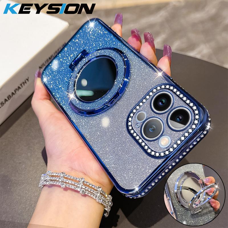 KEYSION Luxury Glitter Jewelled Magnetic Phone Case for iPhone 13 14 Pro Max Makeup Mirror Ring Stand Shockproof Back Cover