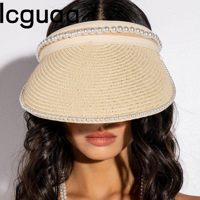 Summer Woman Straw Pearl Decor Sun Hats Antiuv Female Outdoor Hand Made Cap Casual Shade Hat Empty Top Hat Beach Vacation Visor