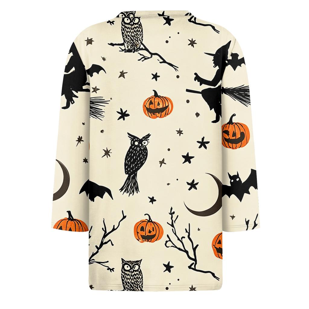 Women's Halloween Print 3/4 Sleeve Loose Fit Casual T-Shirt Round Neck Comfortable Top for Everyday Wear