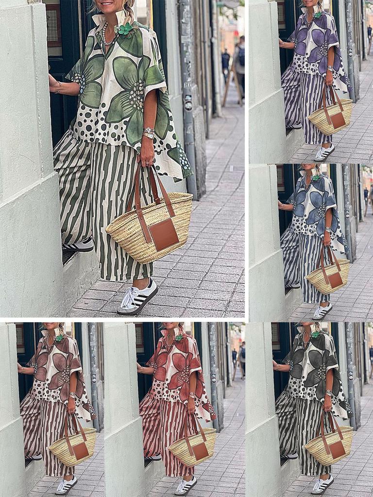 Dámský letní volný dvoudílný set s květinovým potiskem Top s klopami a krátkým rukávem + Kalhoty se širokými nohavicemi Ležérní set