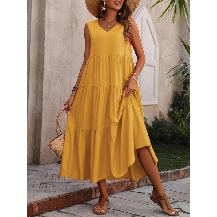 Women Elegant V-neck Loose Long Dresses Casual Vacation Beach Holiday Summer Femme Yellow Black RUFFLES