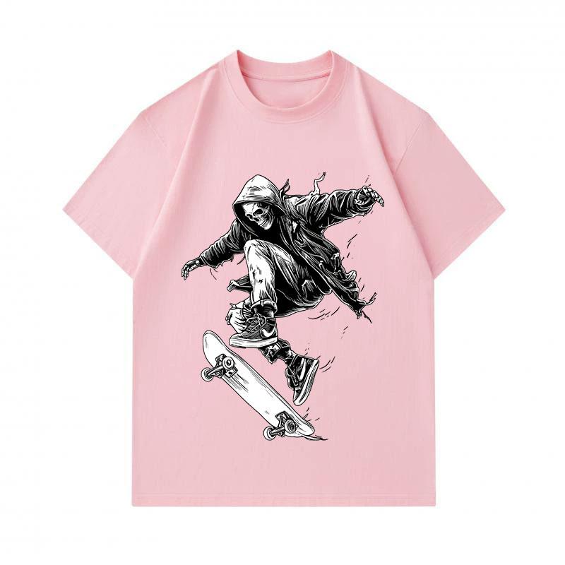 Mens 100% Cotton Crew Neck Short Sleeve T-shirt, Cool Skull Skeleton Skateboard Street Style Graphic Print Casual Comfortable Tees for Daily Wear