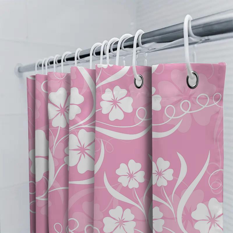 Pink Bath Curtain With White Flower Pattern Waterproof Shower Rug Decor For Bathroom Home Decoration Unique Gift Idea