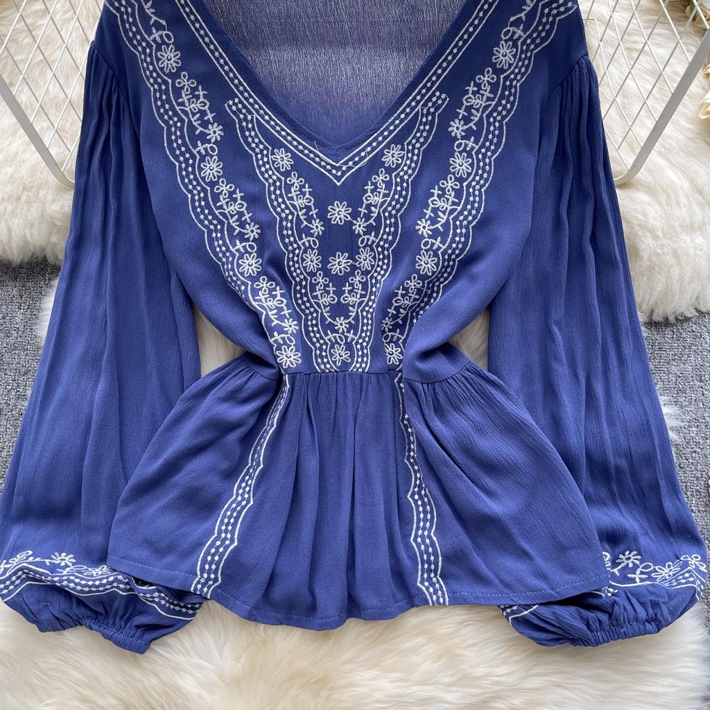 Floral Embroidery Spring Loose Blouse Elegant Bohemian Design Long Sleeve Ladies Fashion  Summer Casual Shirt