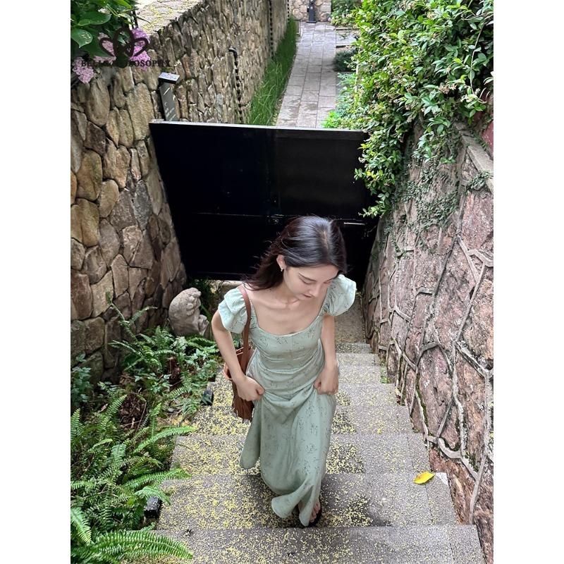 French Pure Lust Vacation Style Floral Backless Waistless Tie Fly Sleeve Long Dress Dress Long Dress Traditional Dress