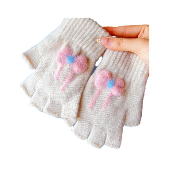 1 Pair Winter Half Finger Gloves for Women Cute Fingerless Mittens with Bow Plush Warm Stretchy Gloves for Women Girls