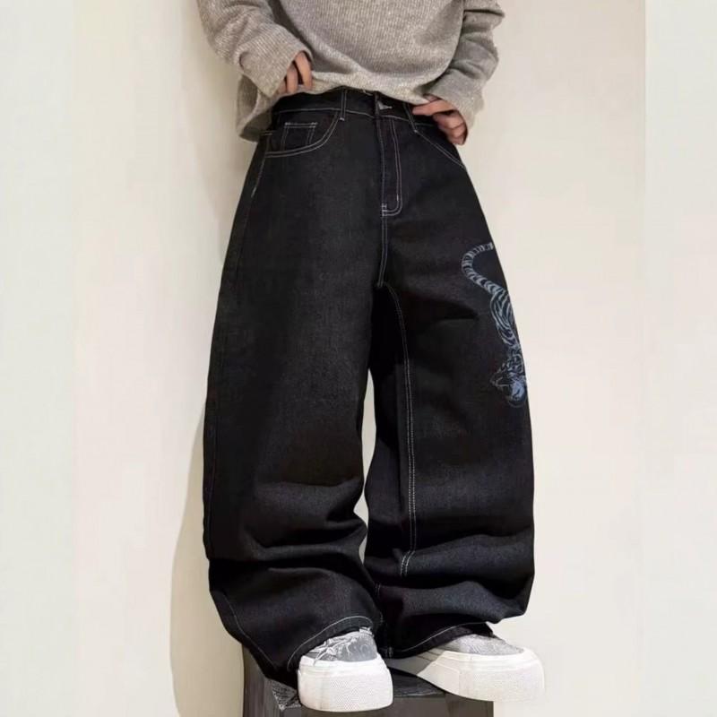 Mens Loose Fit Hip Hop Denim Jeans Straight Cut Wide Leg Casual Trousers Cotton Blend
