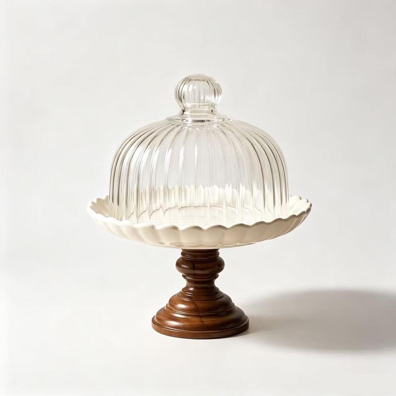 10-inch High-Footed Wooden Cake Stand with Glass Dome