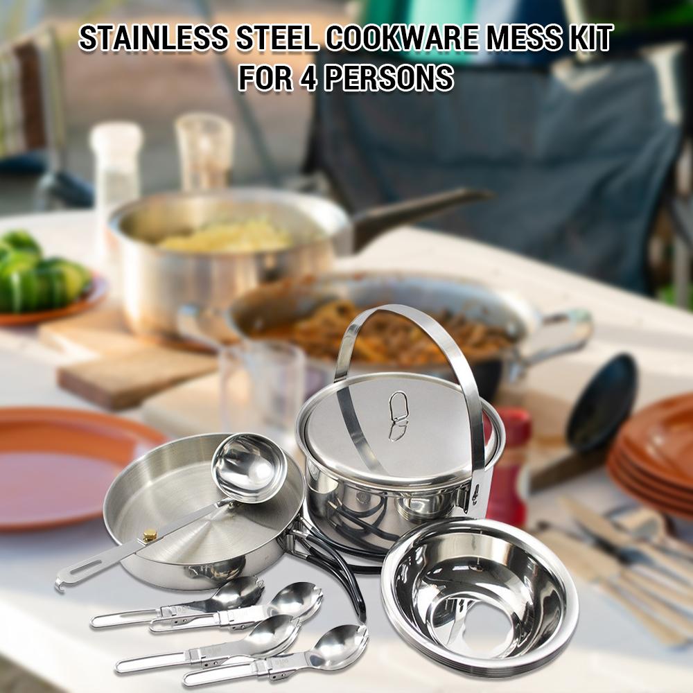 Camping Cookware Mess Kit for 4 Persons Stainless Steel Cooking Set with Pot Pan Soup Spoon Bowls