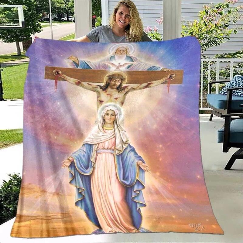 Jesus Jungfrau Maria Prayer Blanket- Lightweight Flannel Throw for Sofa ,Digital Printed Blanket with Soft & Worm Flannel Fabric