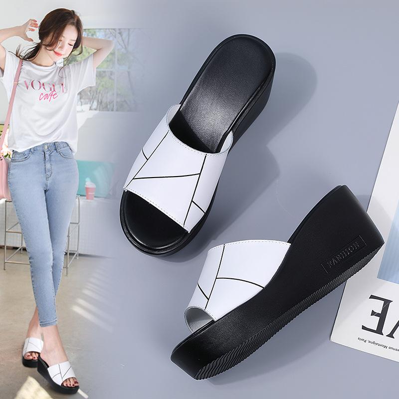 Cowhide Open-toed Women's Shoes Large Size Slope Heel Cool Slippers Summer Muffin Slippers Women