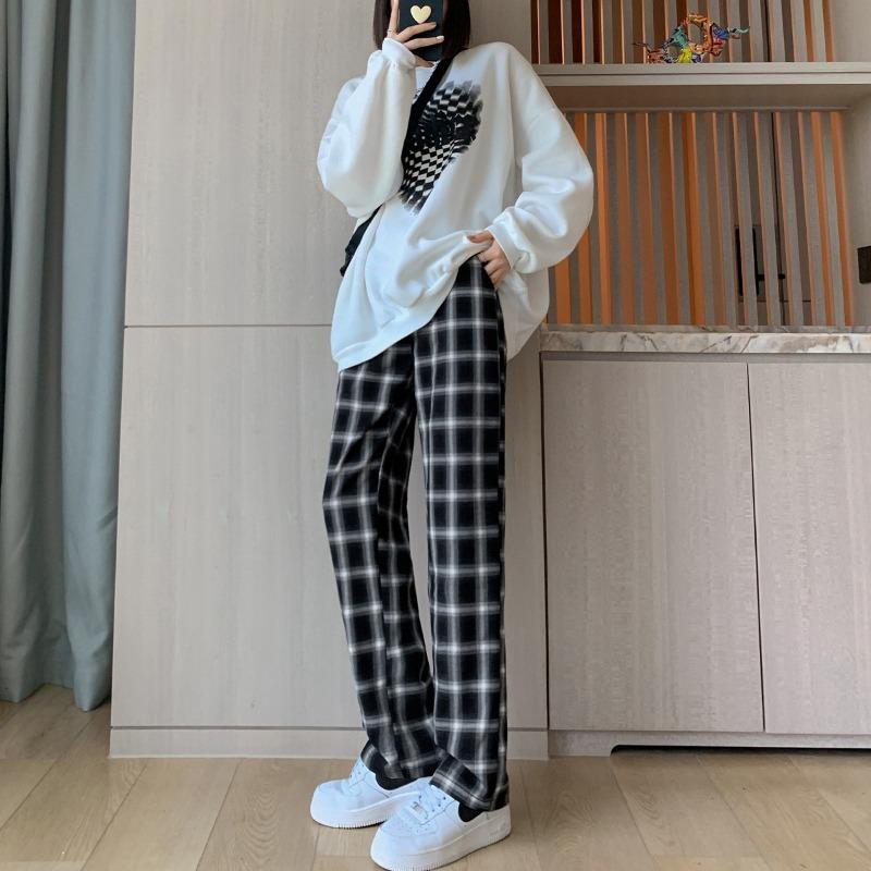 

Повседневные клетчатые брюки женские новые осенние свободные прямые с высокой посадкой драпирующиеся модные универсальные и тонкие брюки-палаццо женские XXL