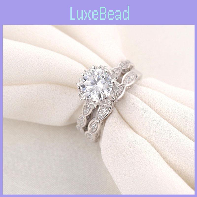 Elegant Antique Style Round White Sapphire Silver Plated Engagement Crown Ring Set