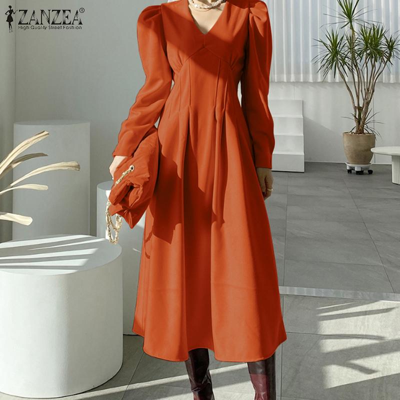 

ZANZEA Женское элегантное плиссированное платье миди с длинными рукавами и V-образным вырезом
