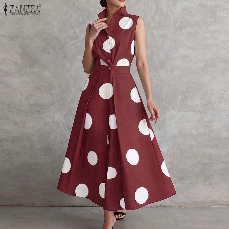 ZANZEA Women Elegant Turn Down Collar Casual Sleeveless Polka Dot Print Dress