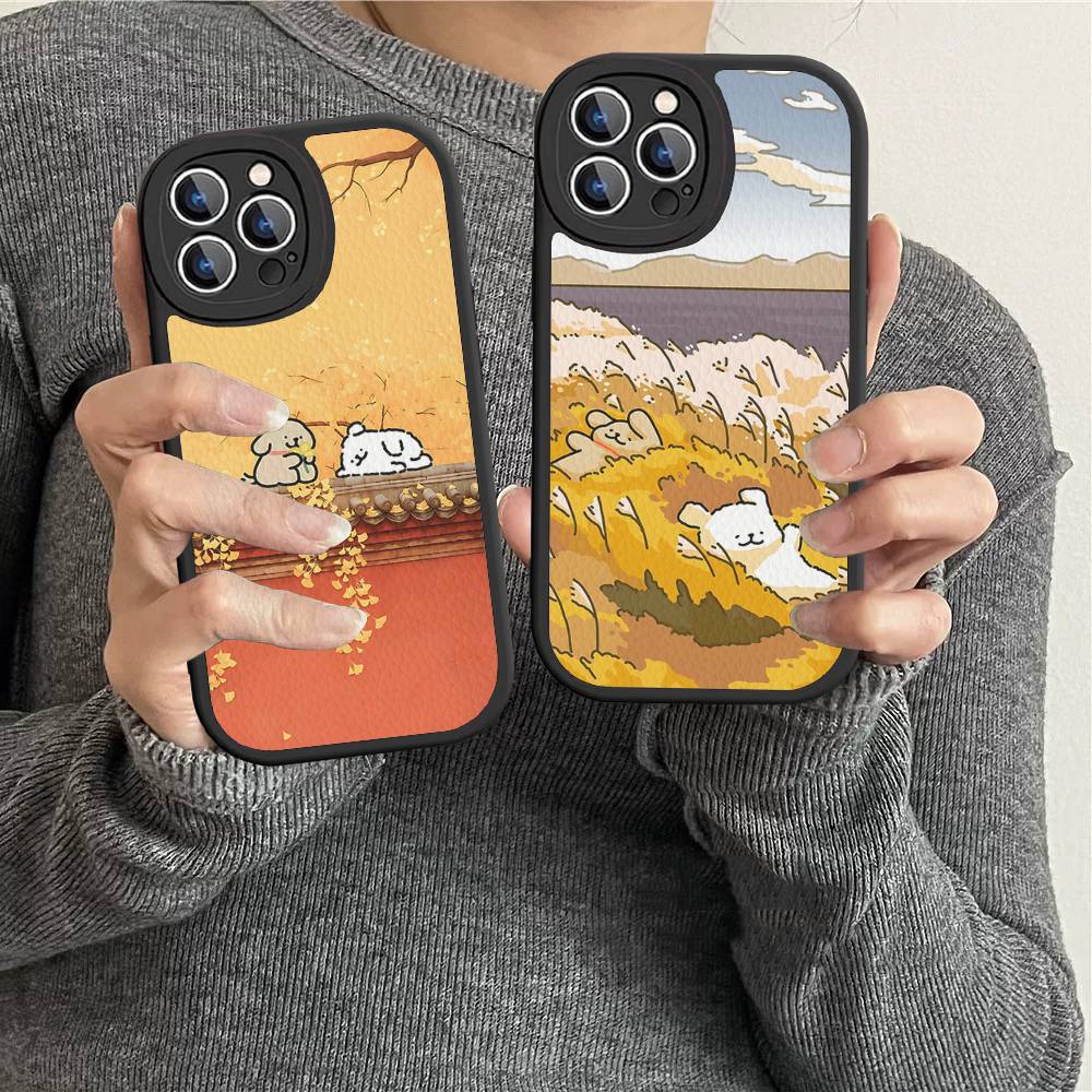 Line CARTOON P-PuppyS PU Leather Phone Case For IPhone 16 15 14 13 12 11 Pro Max Plus Back Fundas
