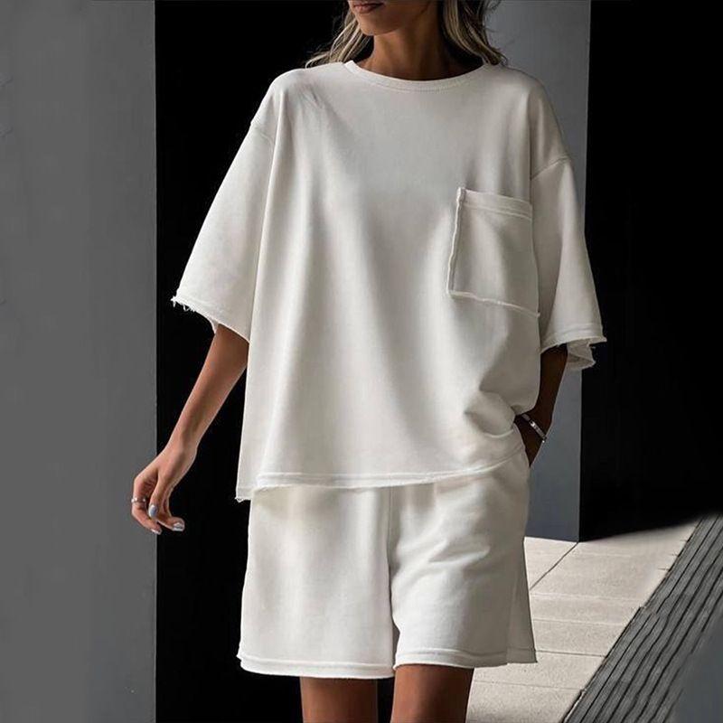 

Solid Color round Neck Neck T-shirt Shorts Set Pure Color Crew Neck T-shirt Shorts Set White XL