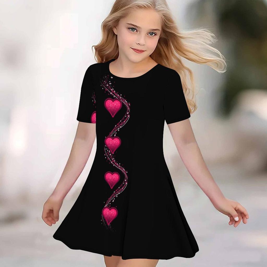 Girls 3D Print Dresses Kids Girl Party Short Sleeve Princess Dress Tank 3D Heart-shaped Print Dress