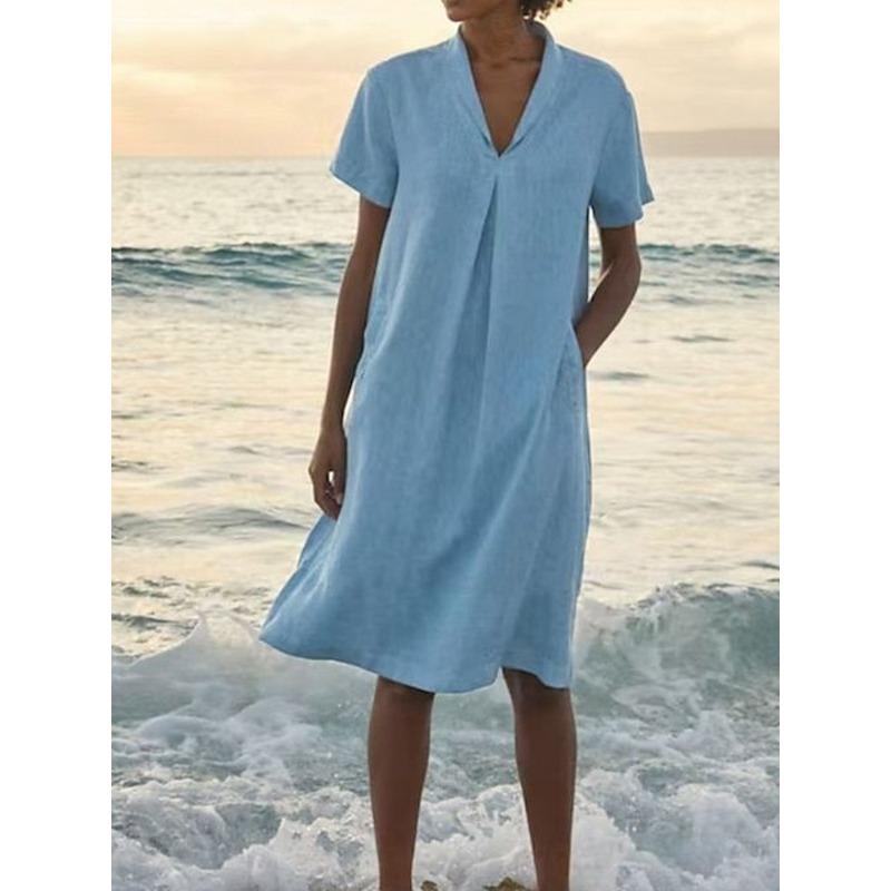 GMXIA Vestidos Casuales de Moda para Mujer Verano Primavera Color Sólido Estampado Cuello en V Manga Corta