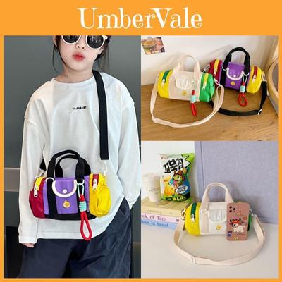 Color Blocking Design Kinder Lässig Einzelschulter Zylindrische Tasche Mit Anhänger Für Kindergarten Reisen