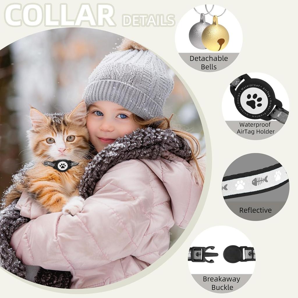 Waterproof Airtag Cat Collar, Reflective Cat Airtag Collar with Bell, Breakaway Cat collar AirTag Holder, Lightweight Kitten Collar for Apple Air