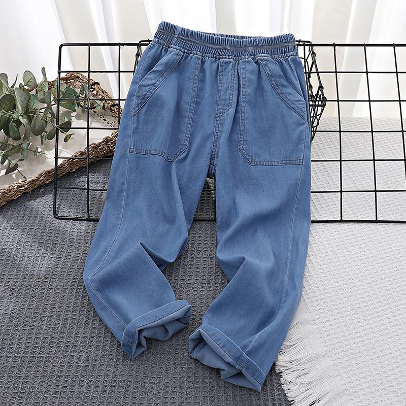 Boys Tencel Denim Summer Anti-Mosquito Long Pants - Casual Straight-Leg for Medium and Large Kids
