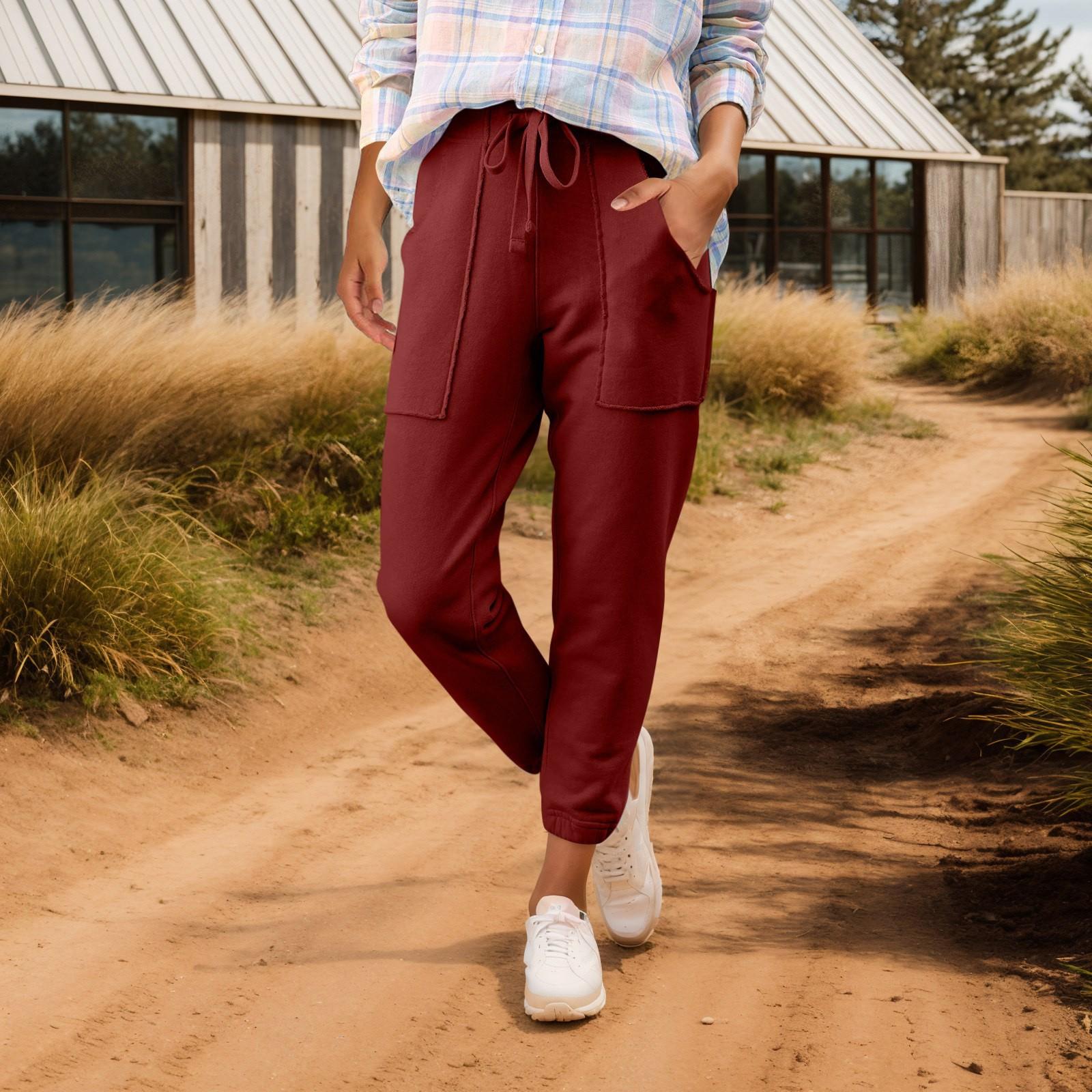 

Женские однотонные свободные повседневные брюки с эластичным поясом и карманами, спортивные штаны L винный