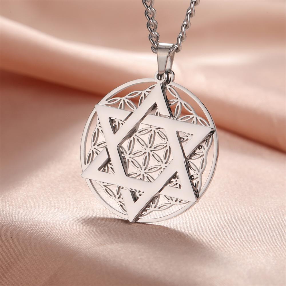 My Shape Flower of Life Star of David Pendant Necklace for Women Men Je Six-pointed Star Charm Chain Stainless Steel Jewelry
