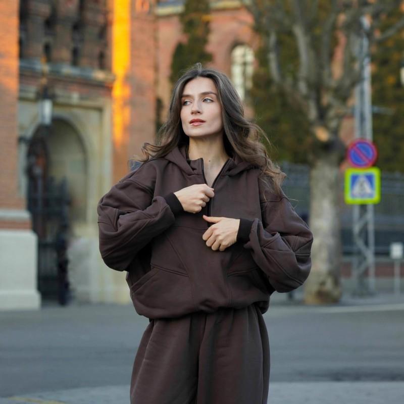 Damen Freizeit Modisch Einfarbig Halb geöffnet Pullover Hoodie Fußeng Hosenanzug