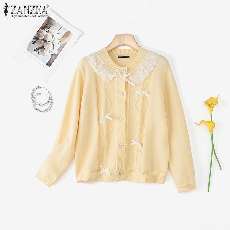 ZANZEA Oversized Women Long Sleeve Buttons Up Lace Casual Loose Knitted Sweaters Cardigan