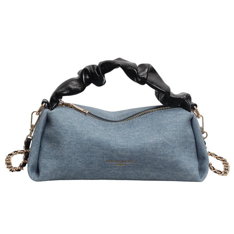 Denim bag women's summer new fashion niche design chain messenger bag pleated portable baguette bag
