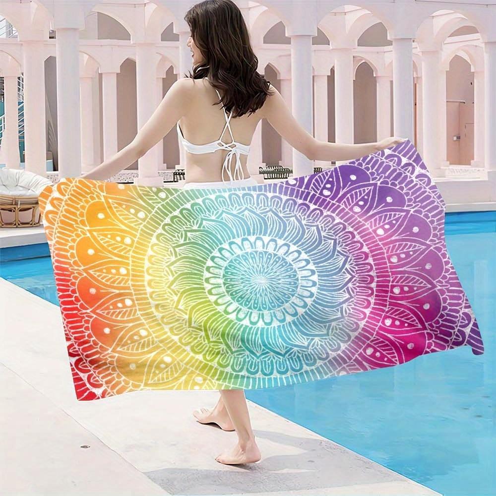 1pc Large Quick-Dry Sand-Free Beach Towel - Lightweight Microfiber Bath,Yoga Mat,Picnic Blanket Vibrant Rainbow Mandala Bohemian