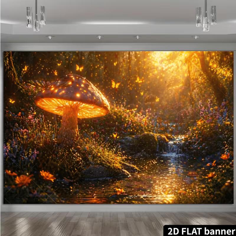 2D Enchanted Mushroom Forest Party Backdrop, Fantasy Fairy Tale Background Decoration