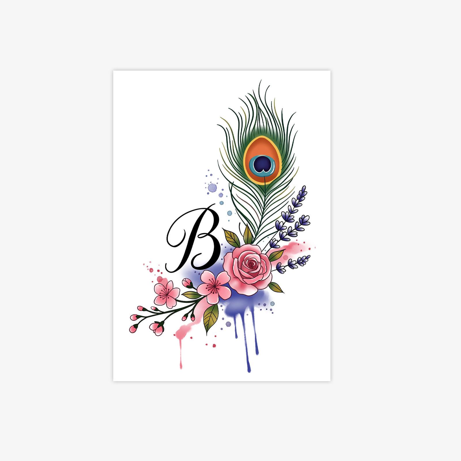 

Watercolor Rose B Tattoo Sticker, Peacock Feather Lavender Element, Waterproof, Sweat-Proof And Non-Reflective. 7*9CM