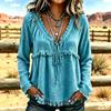 Women's Casual V-Neck Long Sleeve Color Cotton Linen Blouse for Everyday Wear
