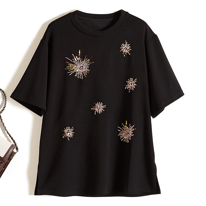 

Sunlight Beaded Sequins Embroidered! Neutral Casual Style Women s round Neck Short Sleeve Stretch Cotton Mid Length Long Length T-shirt Amoi Black L