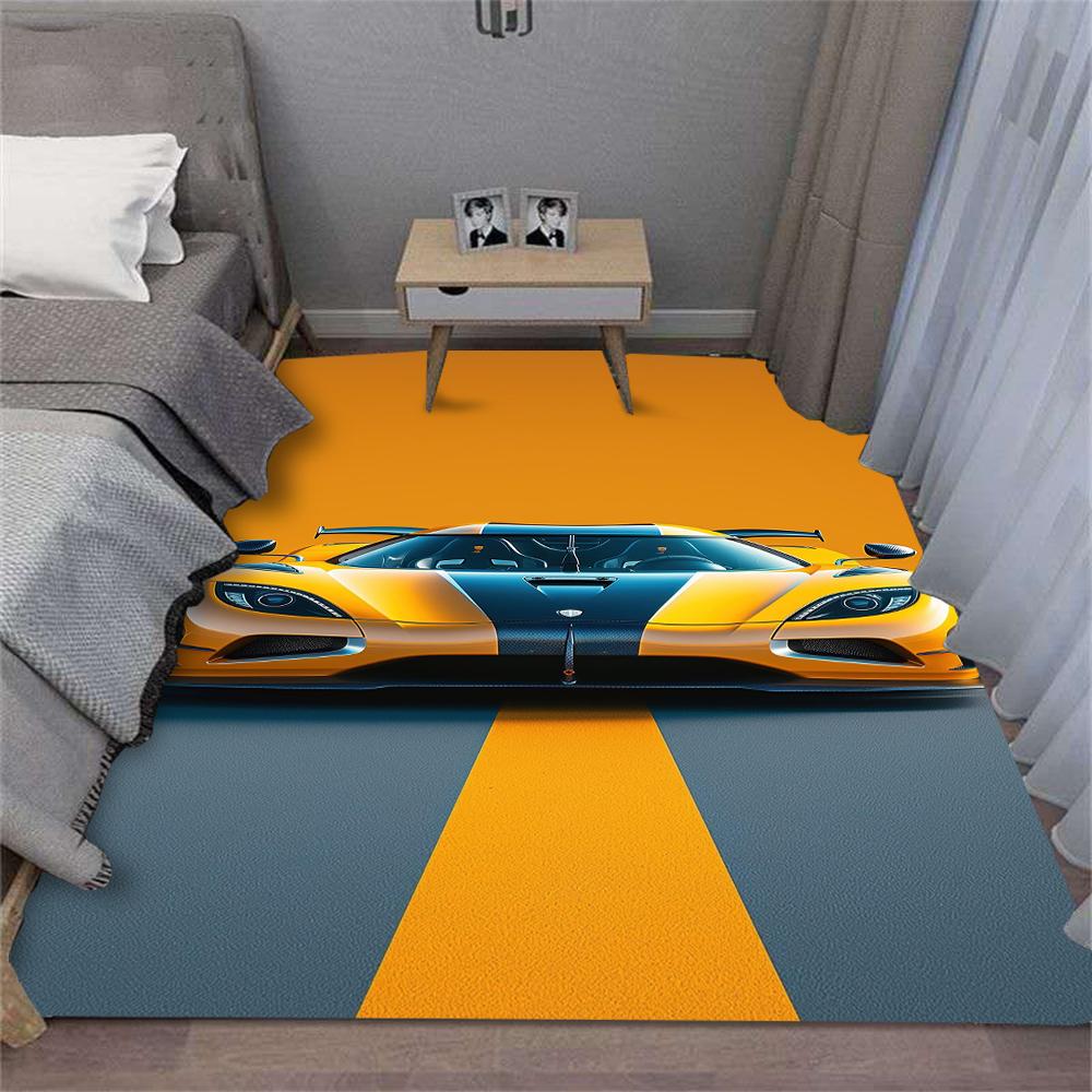 Turuncu Yarış Arabası Halısı Spor Araç Tasarımı Dinamik Desen Geniş Alan Halısı Yatak Odası Oturma Odası Zemin Matı