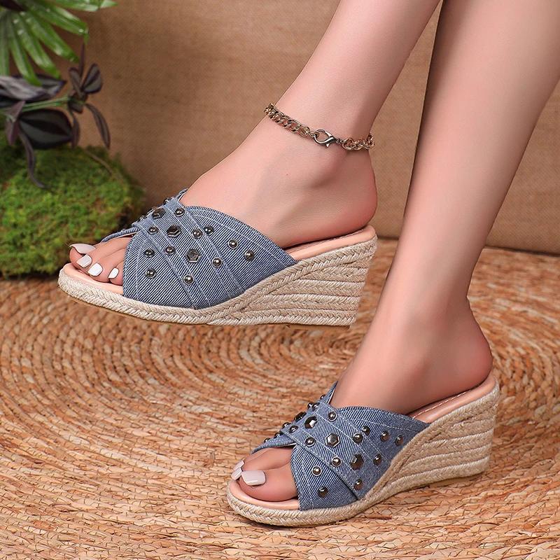 Fashion Fashion Denim Chunky Wedge Sandals Women 2025 Rivets Decor High Heels Slippers Woman Peep Toe Thick Bottom Sandles Plus Size 43