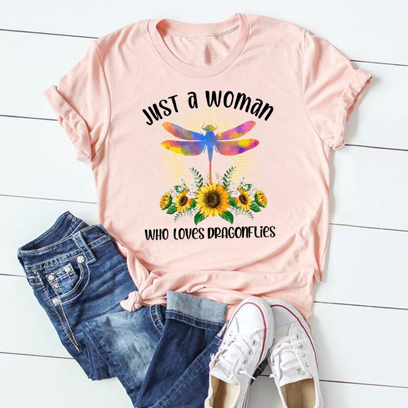 (Asian Size) Dragonfly Dandelion Plant Short Sleeve Women Print Tee Top Summer Fashion Tshirt  Lady Female Clothing Casual Graphic T-shirt
