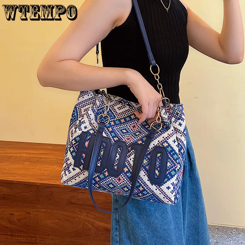 

WTEMPO Large Capacity Ethnic Style Canvas Bags Women Trendy Commuting Tote Bags Contrast Color Chain Single Shoulder Handbags 1pc чёрный