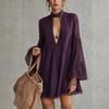 Women's Vintage Boho Green Lace Patchwork V-Neck Bell Sleeve Loose Fit Babydoll Dress