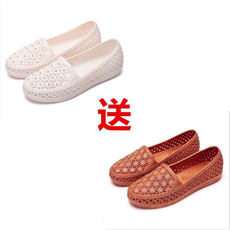 Buy One and Get One Free Summer PVC Hole Shoes Breathable Hollow Women's Shoes Soft-soled Mother Shoes Flat-soled Bag Head Beach Shoes