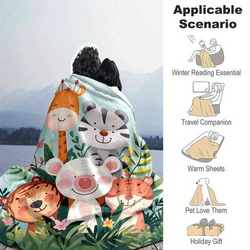 1pc Cartoon Animals Printing Lightweight Flannel Blanket, Comfortable and Warm Blanket, for Camping Sofa Bed and Couch Office, Gift