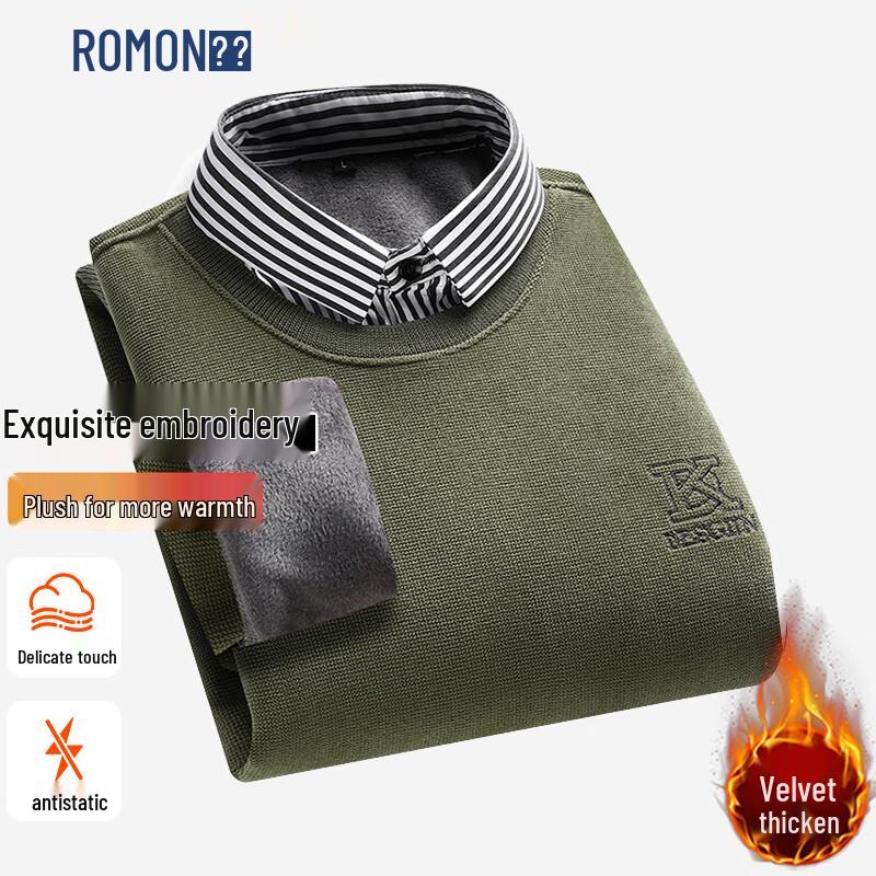ROMON Men s Warm Faux 2-Piece Shirt Collar Knit Sweater 3XL