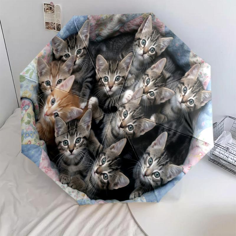 1 PC Automatic Folding Umbrella - Puppies Kittens Pattern, Portable & Foldable Design with 8 Ribs, Christmas Birthday Gifts