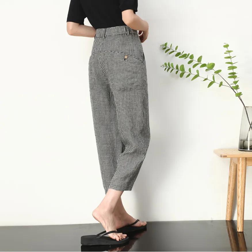 Women's Summer Checkered Cropped Pants: Korean-Style High-Waisted, Loose-Fitting, Slimming, Flowing Harem Casual Pants