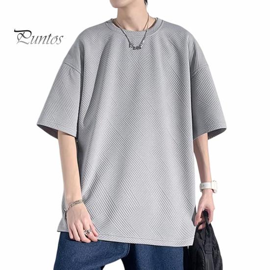 Summer Men T-shirt Round Neck Loose Mid Length Solid Color Waffle Texture Plus Size Half Sleeves Japanese Style Streetwear Outdoor Top