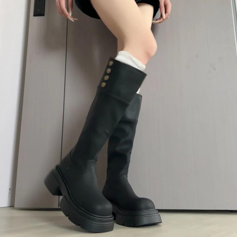 Zimní pouliční styl Dámské kozačky po koleno Módní platforma Boty se silnou podrážkou Dámské Punk Vintage Dlouhé kotníkové boty Zapatos De Muje